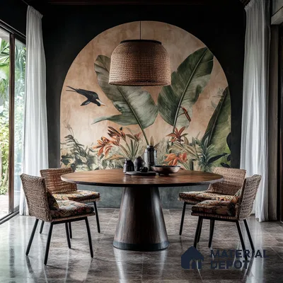 Tropical Dining Space with Botanical Mural and Woven Furniture | Material Depot