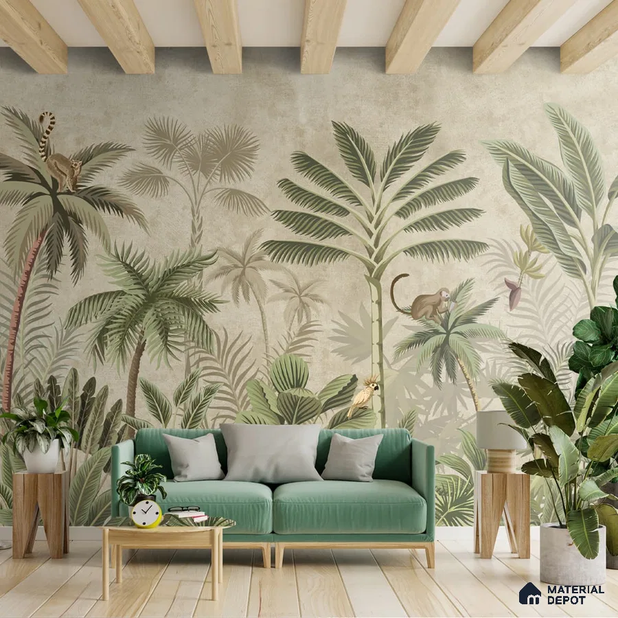 A close-up of a Tropical Dreams Artful Wallpaper Design Indrani Series Soft Feel Tropical Design (Customised Size Wallpaper )available at Material Depot in Bangalore