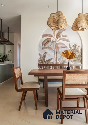 Tropical Earth-Toned Dining Nook With Arch Mural And Rattan Accents | Material Depot