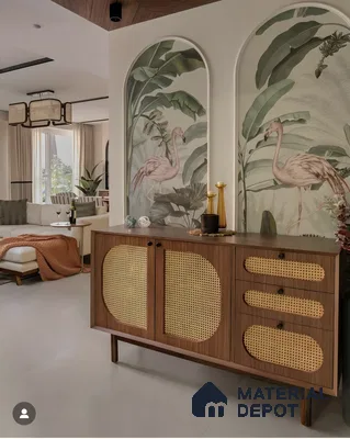 Tropical Flamingo Wall Art With Cane Console In A Chic Living Room | Material Depot
