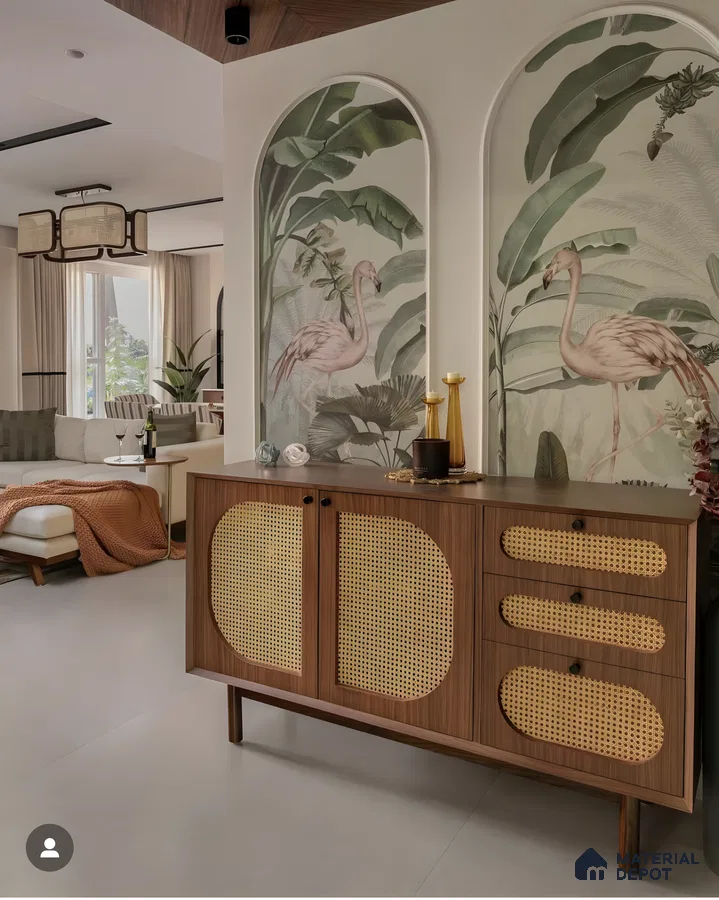 Tropical Flamingo Wall Art With Cane Console In A Chic Living Room | Material Depot