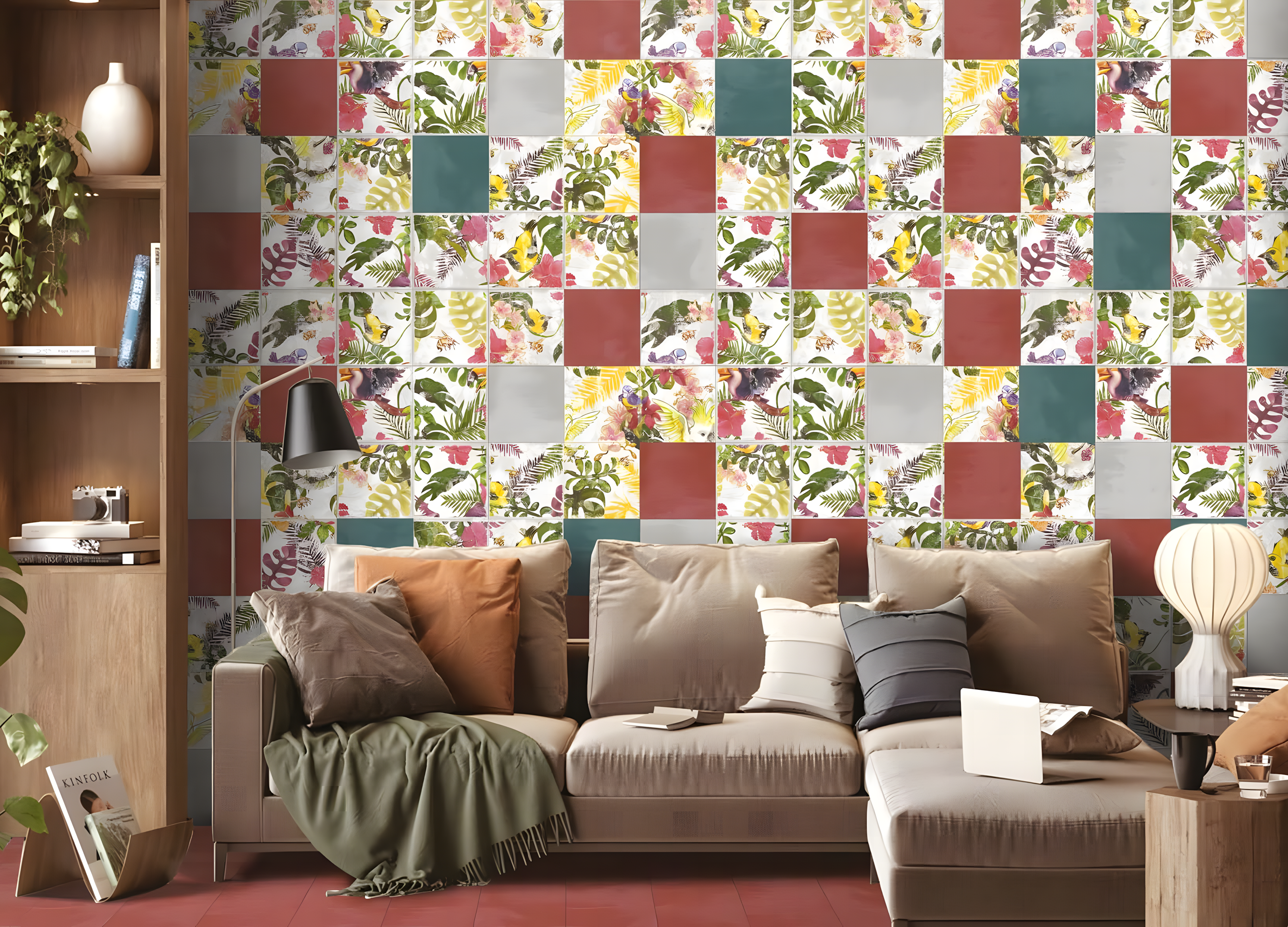 Tropical Floral Patchwork Living Room Wall Tiles | Material Depot