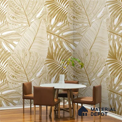 A close-up of a Tropical Elegance in Gold, Wallpapers for Walls Indrani Series Soft Feel Tropical Design (Customised Size Wallpaper )available at Material Depot in Bangalore
