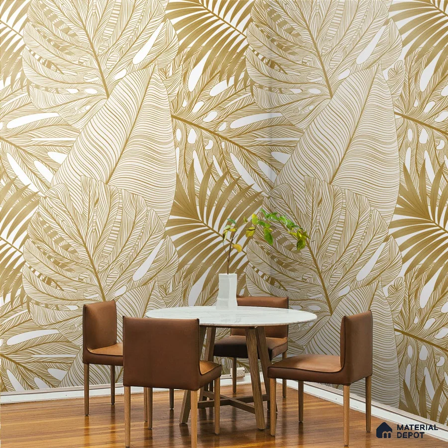 A close-up of a Tropical Elegance in Gold, Wallpapers for Walls Indrani Series Soft Feel Tropical Design (Customised Size Wallpaper )available at Material Depot in Bangalore