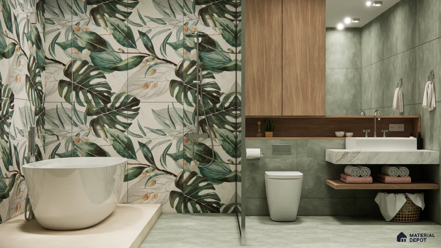 Tropical Green Oasis with Botanical Wall in Modern Bathroom | Material Depot