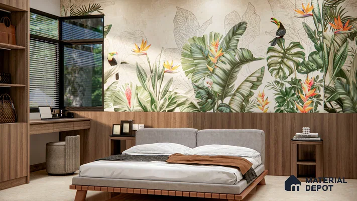 Tropical inspired bedroom in 2bhk apartment in Durga Petals Marathahalli Bengaluru | Material Depot