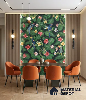 Tropical inspired dining room in 3bhk apartment in Durga Petals Marathahalli Bengaluru | Material Depot
