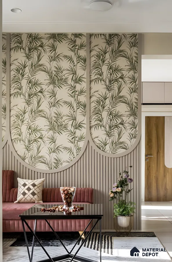 Tropical-Inspired Living Room With Botanical Panels And Velvet Seating | Material Depot