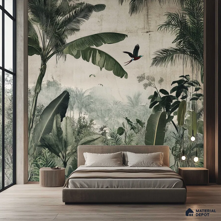 Tropical Jungle Mural with Earthy Bedroom Design | Material Depot