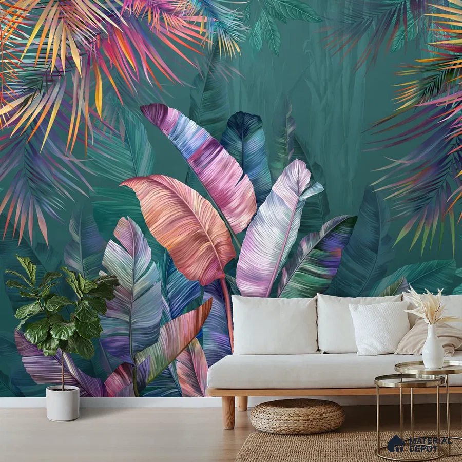 A close-up of a Tropical Leaf Pattern Background Wallpaper Indrani Series Soft Feel Tropical Design (Customised Size Wallpaper )available at Material Depot in Bangalore