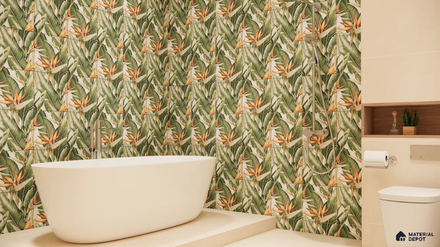 Tropical Leaf Print Bathroom with Freestanding Bathtub and Bird of Paradise Tiles | Material Depot