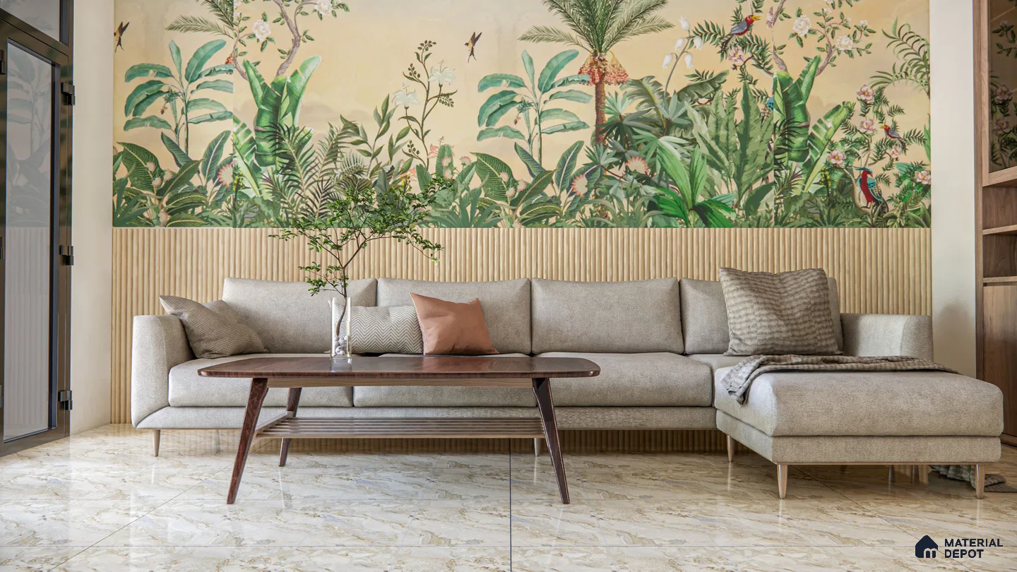 Tropical Living Room with Mural Wall and Fluted Panel Backdrop | Material Depot
