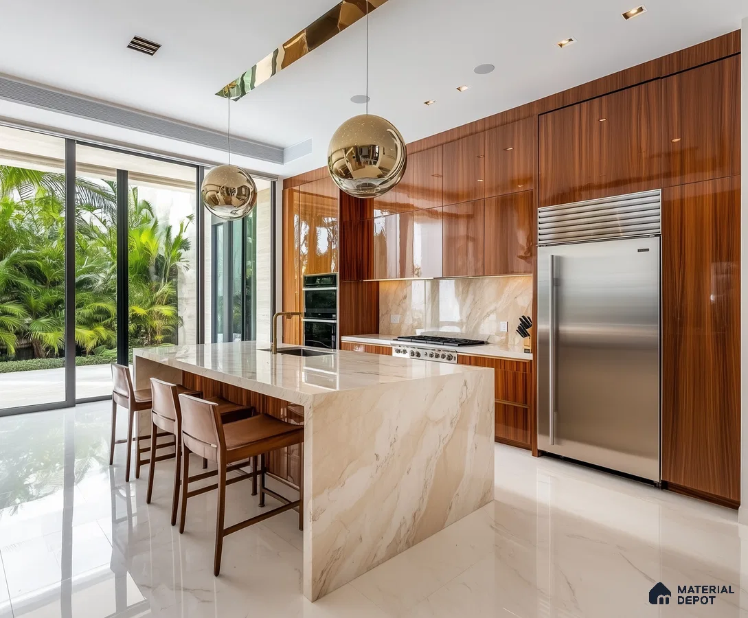 Tropical Modern Kitchen with Sleek Wood Finishes and Stunning Natural Views | Material Depot