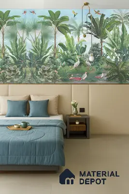 Tropical Mural Headboard Wall with Beige Upholstered Panels, Teal Bedding & Large-Format Vitrified Tile Flooring in Prestige Misty Waters Hebbal | Material Depot