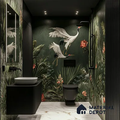 Tropical Paradise: Bold and Artistic Bathroom with Exotic Bird Mural and Botanical Themes | Material Depot