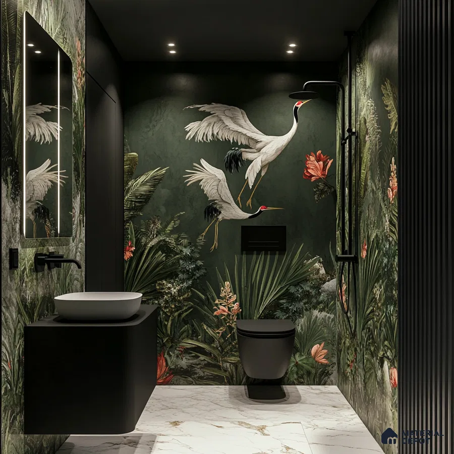Tropical Paradise: Bold and Artistic Bathroom with Exotic Bird Mural and Botanical Themes | Material Depot