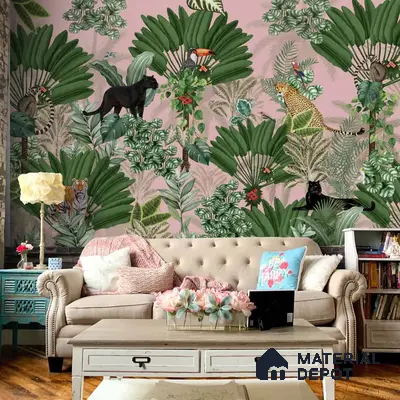 A close-up of a Tropical Tales: Deep Forest Wallpaper, Pink Sukoon Series Tropical Design (Customised Size Wallpaper) with a finish available at Material Depot in Bangalore
