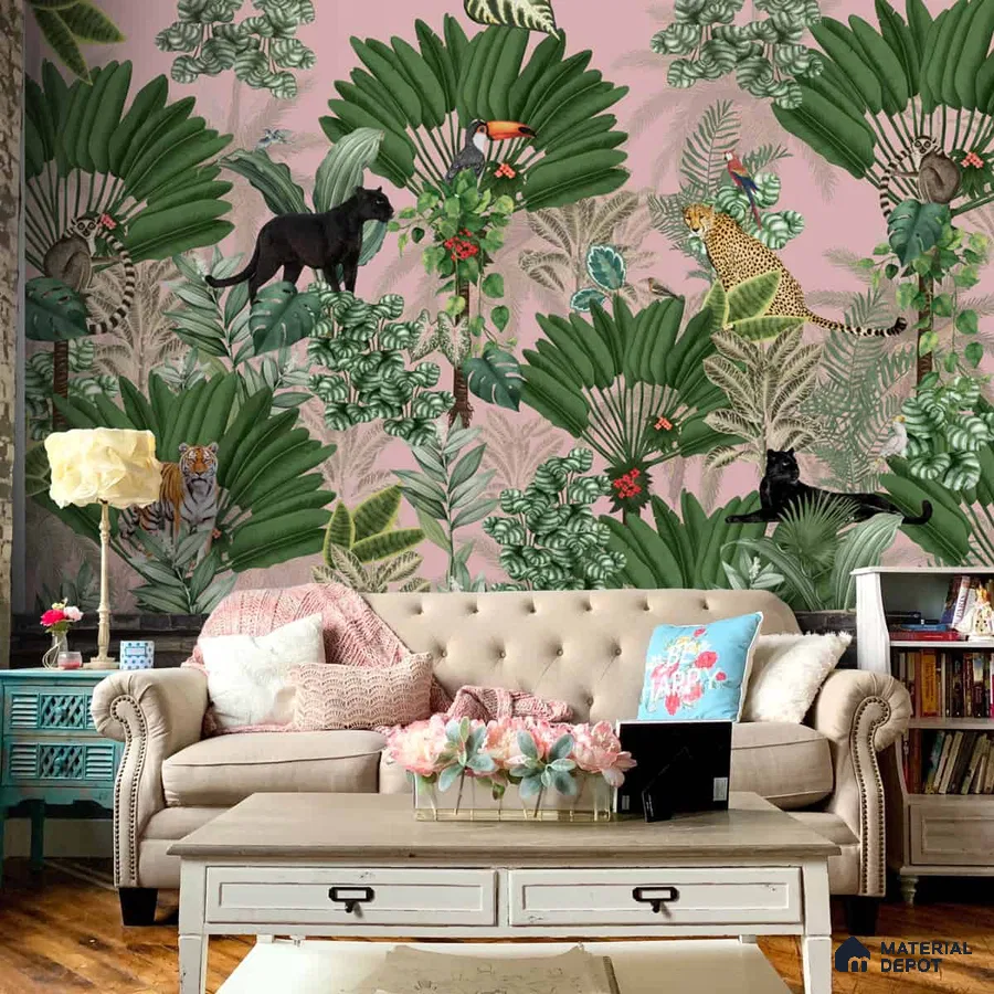 A close-up of a Tropical Tales: Deep Forest Wallpaper, Pink Sukoon Series Tropical Design (Customised Size Wallpaper) with a finish available at Material Depot in Bangalore