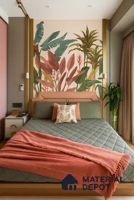 Tropical Themed Bedroom with Botanical Feature Wall, Blush Upholstered Headboard, Sage Bedding & Warm Wood Accents in Prestige Kensington Gardens Jalahalli | Material Depot