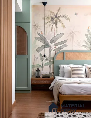 Tropical-Themed Bedroom With Cane And Sage Green Accents | Material Depot