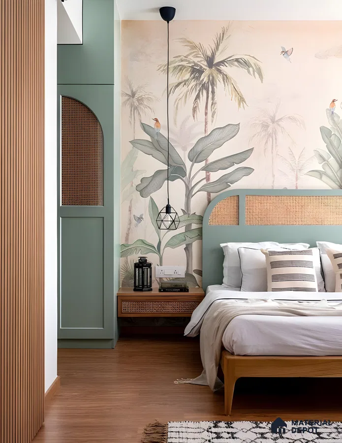 Tropical-Themed Bedroom With Cane And Sage Green Accents | Material Depot