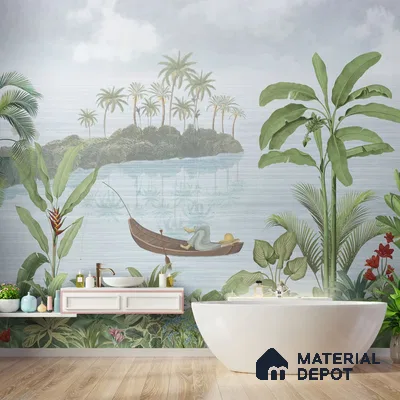 A close-up of a Tropical Trees Wallpaper for Rooms, Customised Indrani Series Soft Feel Tropical Design (Customised Size Wallpaper )available at Material Depot in Bangalore