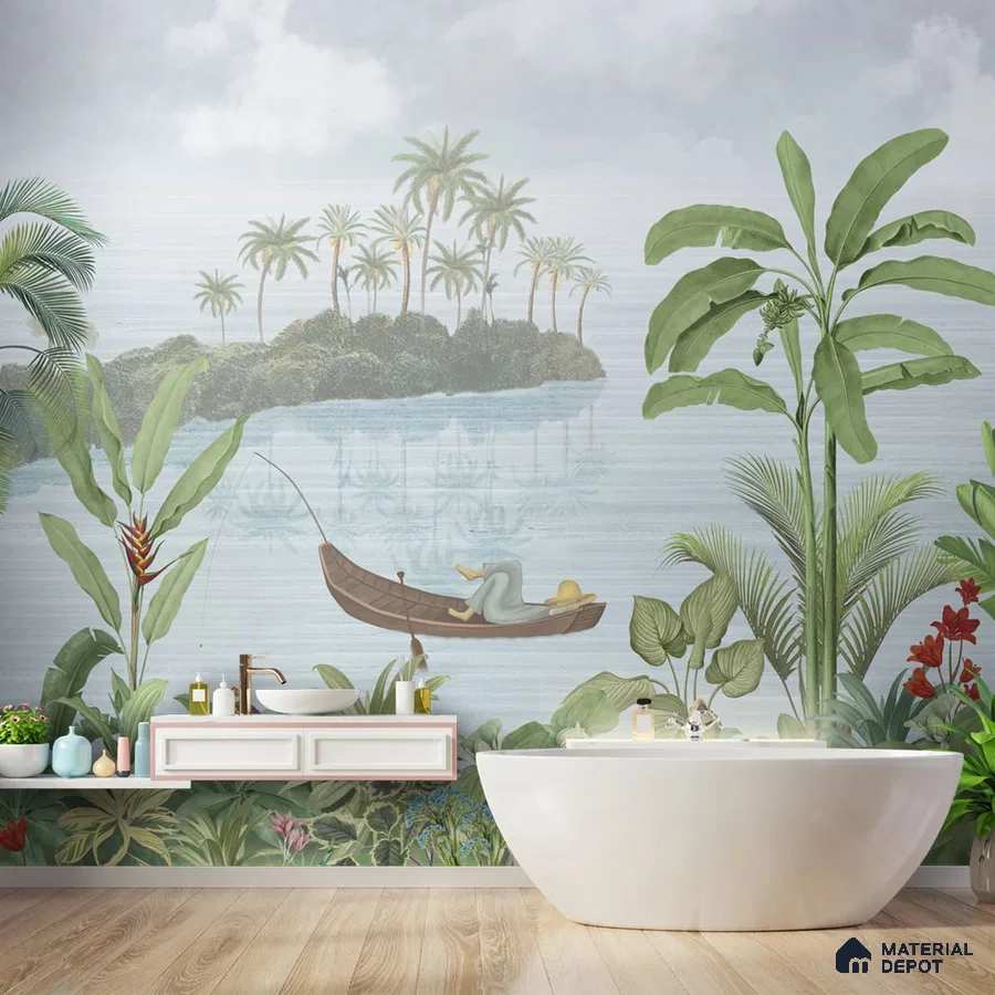 A close-up of a Tropical Trees Wallpaper for Rooms, Customised Indrani Series Soft Feel Tropical Design (Customised Size Wallpaper )available at Material Depot in Bangalore