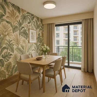 Tropical wallpaper dining space for 2BHK Prestige Somerville in Whitefield | Material Depot