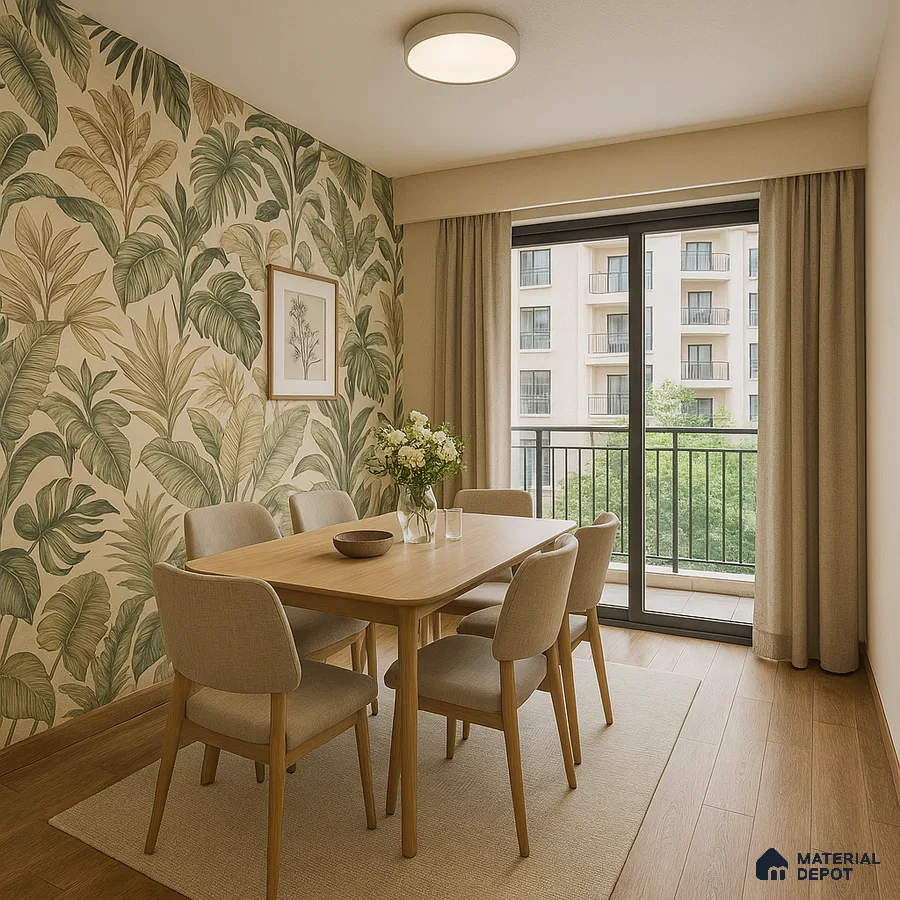 Tropical wallpaper dining space for 2BHK Prestige Somerville in Whitefield | Material Depot
