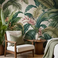 Tropical Wallpapers in Bedroom with Wooden Sofa | Material Depot