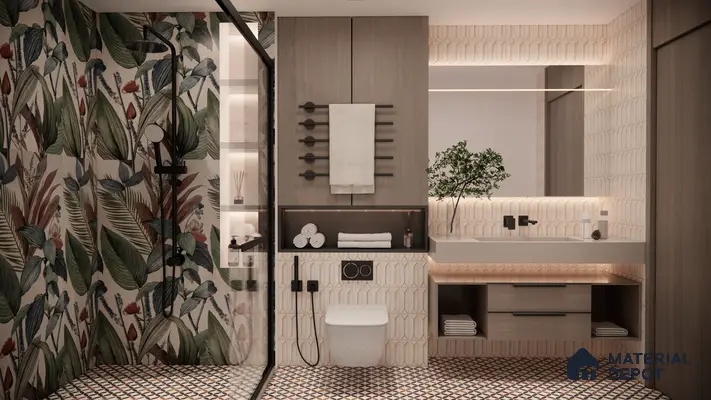Tropical Inspired Bathroom with Geometric Accents and Warm Wooden Finishes | Material Depot