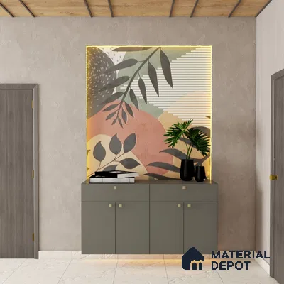 A modern foyer design with tropical flair, featuring a wooden-themed roof with black lines, leafy wallpaper, and doors in various shades. Warm-colored lights create a welcoming and cozy ambiance, making it a captivating entryway.