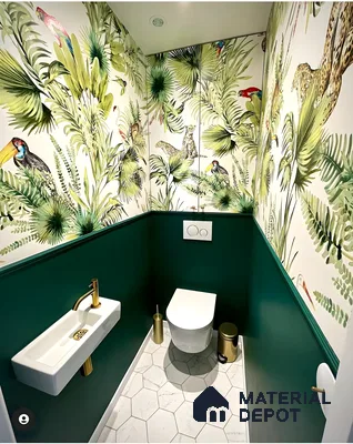Tropical-Themed Bathroom with Bold Wallpaper | Material Depot