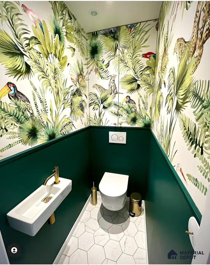 Tropical-Themed Bathroom with Bold Wallpaper | Material Depot