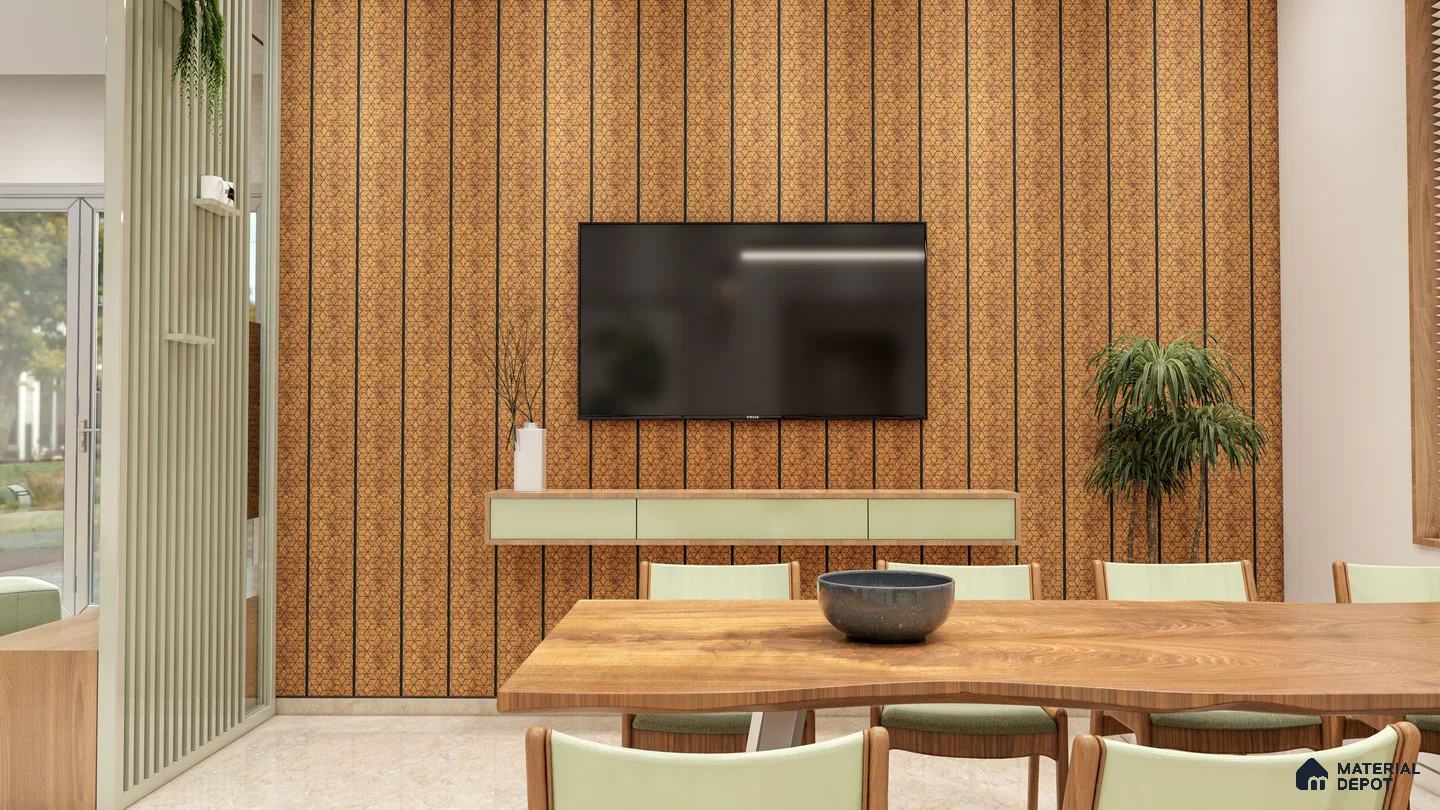 TV Dining Space with Geometric Fluted Panels and Light Green Accents | Material Depot