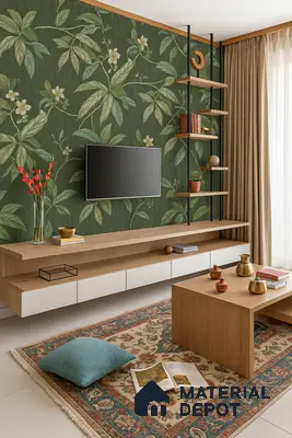 TV Feature Wall with Nature-Print Wallpaper, Minimal Floating Media Unit, Open Shelves & Cozy Seating Setup in Prestige Kensington Gardens Jalahalli | Material Depot