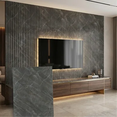 Closeup application image of TV Unit made with Fluted Laminates