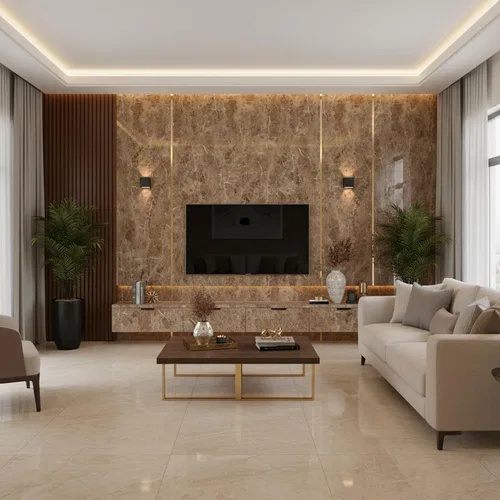 TV Unit design with acrylic marble laminate and wooden louver