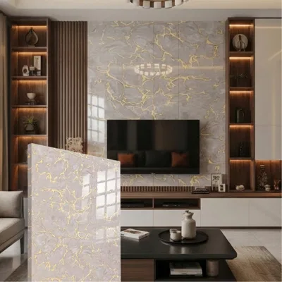 Closeup application image of TV Unit made with Marble Laminates