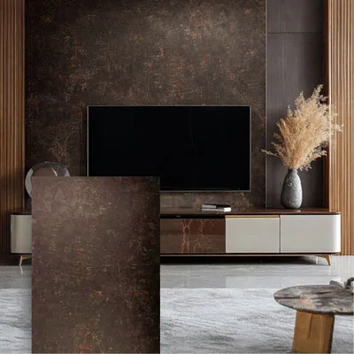 Closeup application image of TV Unit made with Metallic Stone Laminates