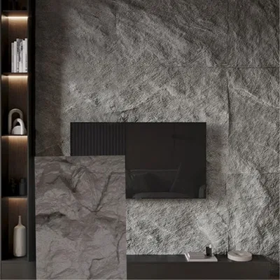 Closeup application image of TV Unit made with PU Stone Panels