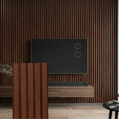 Closeup application image of TV Unit made with Wooden Louvers