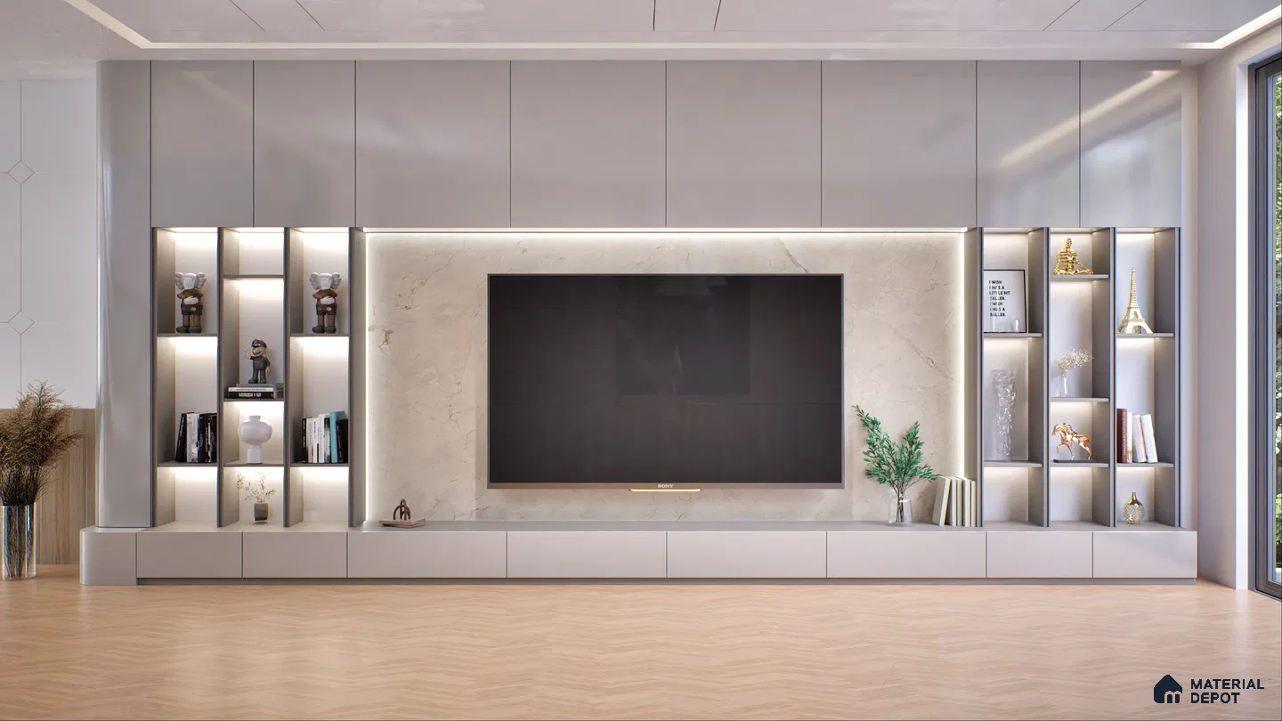 TV Wall Unit with Acrylic Marble Accent and Built-in Shelving | Material Depot