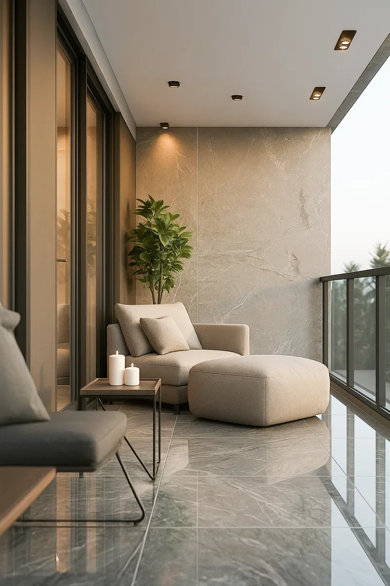 Twilight Luxe Balcony having Grey Marble Flooring with Cozy Seating and ...