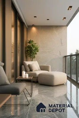 Twilight Luxe Balcony having Grey Marble Flooring with Cozy Seating and Ambient Lighting in 2 bhk prestige lakeside, whitefield | Material Depot
