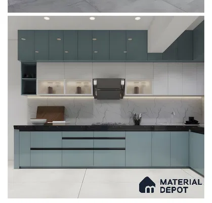 Two-Tone Glossy Kitchen With Sky Blue And White Cabinets & Marble Backsplash | Material Depot