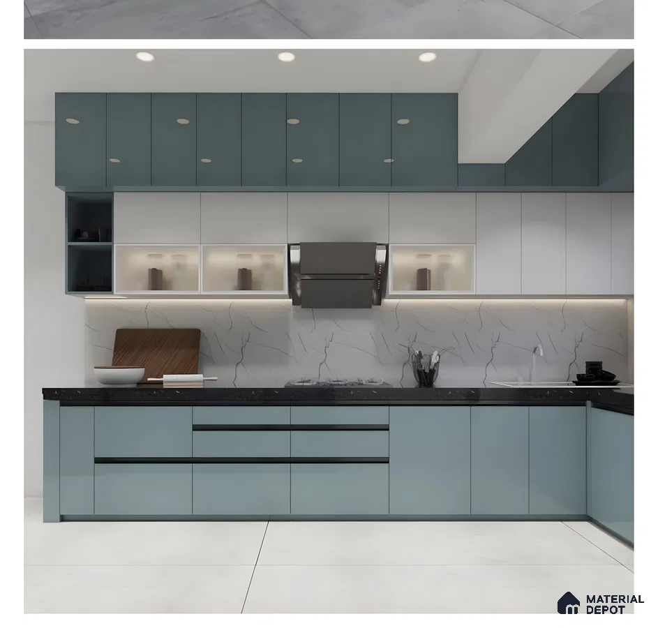 Two-Tone Glossy Kitchen With Sky Blue And White Cabinets & Marble Backsplash | Material Depot