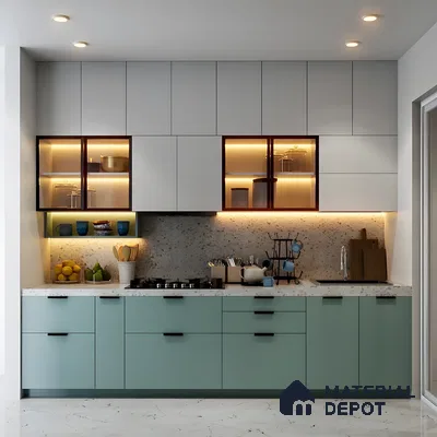 Two-Tone Kitchen With Mint Green Base Units And Terrazzo Backsplash | Material Depot