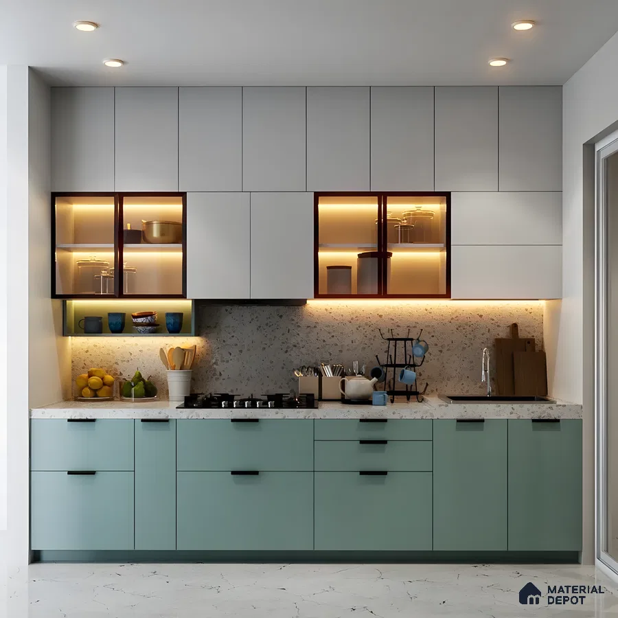 Two-Tone Kitchen With Mint Green Base Units And Terrazzo Backsplash | Material Depot
