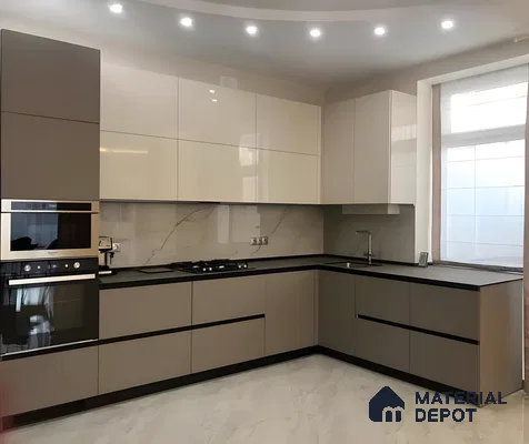 Two-Tone Matte And Gloss Modular Kitchen With Marble Backsplash | Material Depot